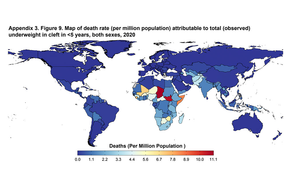 Map of underweight prevalence in children >5 with clefts, as of 2020