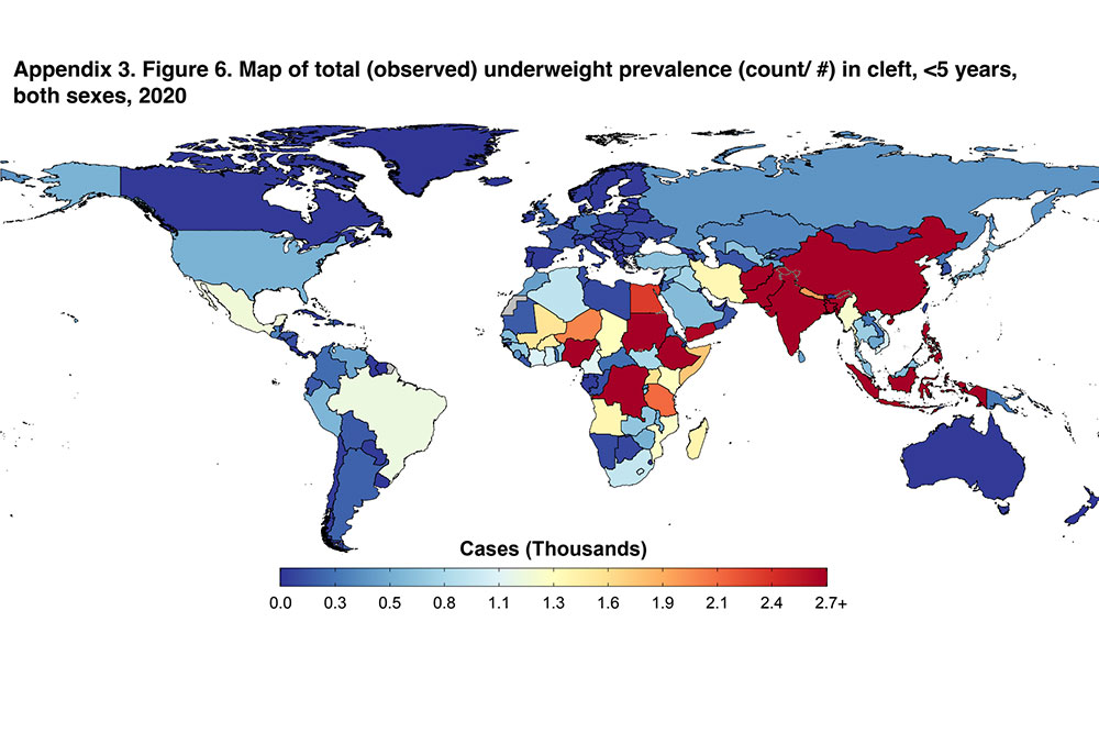 Map of death rate (per million) attributable to malnutrition for children >5 with clefts, as of 2020
