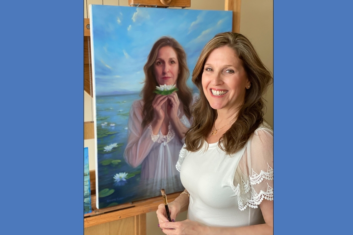 Nanette standing in front of her self-portrait, A Lotus Grows in the Mud